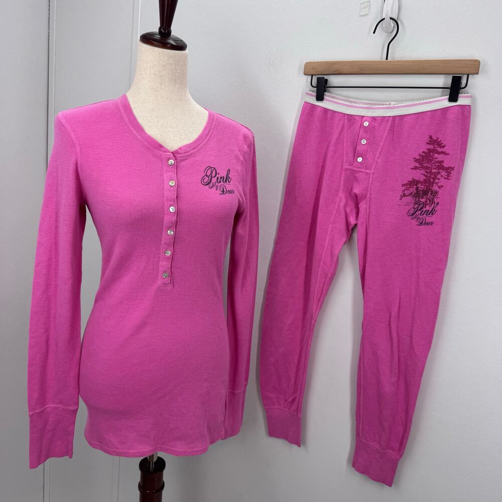 Vintage VS PINK Y2K Pajama Set Thermal Henley Babydoll Barbiecore Cozy sz Medium